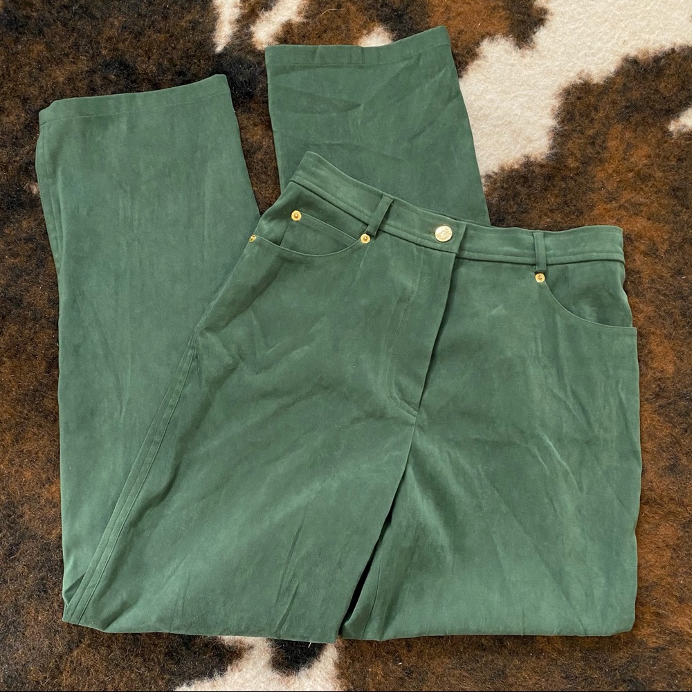 St. John Forest Green Suede Trousers with Gold Hardware